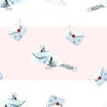 Seamless watercolor pattern with pigeons and envelopes on white and pink stiped background