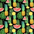 Seamless pattern with pineapples, watermelons and tropical leaves on black background. Tropical watercolor illustration. Royalty Free Stock Photo