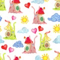 Seamless watercolor pattern of pink and green snails, clouds, sun and hearts. Royalty Free Stock Photo