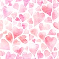 Seamless watercolor pattern with colorful hearts - romantic light and soft tints of pink and red.