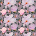 Seamless watercolor pattern with pink magnolias and leaves, hand-drawn