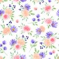 Seamless watercolor pattern with pink, peachy roses handmade flowers and leaves. Vector illustration, isolated on white background Royalty Free Stock Photo