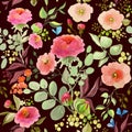 Seamless watercolor pattern with pink peonies and roses on dark burgundy background, Vector Illustration on a light background. Royalty Free Stock Photo