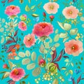 Seamless watercolor pattern with pink peonies and roses on a pastel bue background, Vector Illustration on a light background. Royalty Free Stock Photo