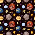 Seamless watercolor pattern with planets and stars.