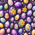 seamless watercolor pattern with polka dotted, floral decorated eggs in yellow, mint, and orange Royalty Free Stock Photo