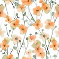 Seamless watercolor pattern of poppies in radiant red and orange hues, evoking a desert bloom atmosphere