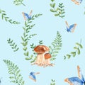 Seamless watercolor pattern with porcini mushrooms, fern, green branches and blue butterfly. Botanical summer hand drawn Royalty Free Stock Photo