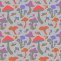 Seamless watercolor pattern of psychedelic mushrooms on gray background Royalty Free Stock Photo