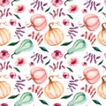 Seamless watercolor pattern with pumpkins. Autumn bright pattern with pumpkins