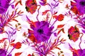 Seamless watercolor pattern with purple and red poppy flowers on a white background Royalty Free Stock Photo