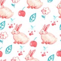 Seamless watercolor pattern with rabbit,apple,berries and leaf