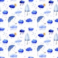 Seamless watercolor pattern of rain clouds and umbrellas