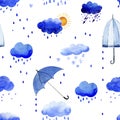 Seamless watercolor pattern of rain clouds and umbrellas