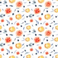 Seamless pattern with grapefruits and its slices, with berries and leaves. Isolated on a whire background