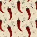 Seamless watercolor pattern with red hot peppers Royalty Free Stock Photo