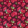 Seamless watercolor pattern of red roses, green leaves, roses petals. Floral illustration on red background. Botanical design Royalty Free Stock Photo