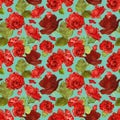 Seamless watercolor pattern of red roses, green leaves, roses petals. Floral illustration on blue background. Botanical design