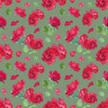 Seamless watercolor pattern of red roses, green leaves, roses petals. Floral illustration on green background. Botanical design Royalty Free Stock Photo