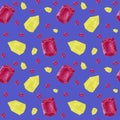 Seamless watercolor pattern red and yellow crystals on blue background