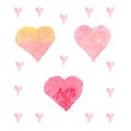 Seamless watercolor pattern with regular colorful hearts. Light and soft tints of pink, girlish design.