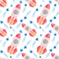 Seamless watercolor pattern, rockets and blue stars on a white background. Pattern for various products for children.