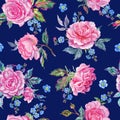Seamless watercolor pattern of roses and forget-me-nots on a dark blue background Royalty Free Stock Photo