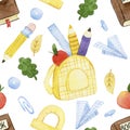seamless watercolor pattern with school supplies. theme back to school. cute baby print. Royalty Free Stock Photo
