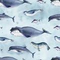 Seamless watercolor pattern about sea fauna. marine animal. Dolphin, whale, fish and seal on blue background Royalty Free Stock Photo