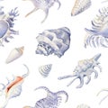 Seamless Watercolor Pattern With Sea Shells. Hand Drawn Vintage Sketch Elements. Nautical Background For Wallpaper