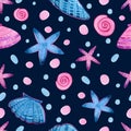 Seamless watercolor pattern of shells and starfish on dark blue background.