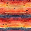 Seamless watercolor pattern showcasing silhouettes of birds against a sunset horizon, dramatic sky Royalty Free Stock Photo