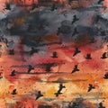 Seamless watercolor pattern showcasing silhouettes of birds against a sunset horizon, dramatic sky Royalty Free Stock Photo