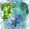 Seamless watercolor pattern with sketch of deepwater living organisms, fish and algae