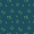 Seamless watercolor pattern with small bamboo leaves on a dark background.