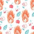 Seamless watercolor pattern with squirrel,apple,berries and leaf