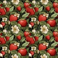 seamless watercolor pattern with strawberries, leaves and flowers on a dark background Royalty Free Stock Photo