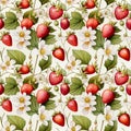 seamless watercolor pattern with strawberries, leaves and flowers on a white background Royalty Free Stock Photo