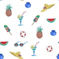 Seamless watercolor pattern summer stuff on white background. Hand illustration