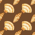 Seamless watercolor pattern, summer style. Pattern with seashells on brown background. Royalty Free Stock Photo