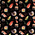 Seamless watercolor pattern with sushi, rolls, nigiri, gunkan shrimp, bowls with sauce on a black background.