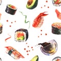 Seamless watercolor pattern with sushi, rolls, nigiri, gunkan shrimp, bowls with sauce on a white background.