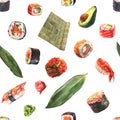 Seamless watercolor pattern with sushi, rolls, nigiri, gunkan shrimp, tuna, wasabi, bamboo sushi mat on a white