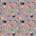 Seamless watercolor pattern with sushi, rolls, nigiri, gunkan shrimp, tuna, wasabi, chopsticks on a grey background.