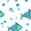 Seamless watercolor pattern on the theme of the sea, consisting of light blue fish on a white background