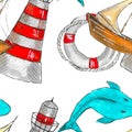 Seamless watercolor pattern on the theme of the sea, consisting of a lighthouse, a lifebuoy, a yacht and a blue fish. It