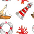 Seamless watercolor pattern on the theme of the sea, consisting of a lighthouse, lifebuoy, yacht and red coral. It can