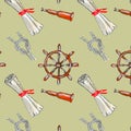 Seamless watercolor pattern on the theme of the sea, consisting of scrolls of maps, a rope, a telescope and a ship`s Royalty Free Stock Photo