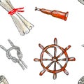 Seamless watercolor pattern on the theme of the sea, consisting of scrolls of maps, a rope, a telescope and a ship`s