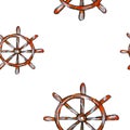 Seamless watercolor pattern on the theme of the sea, consisting of ship`s rudders . It can be used for printing on